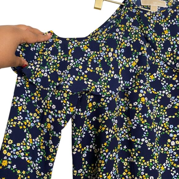 Michael Kors Navy Blue Floral‎ Cold-Shoulder Blouse Business  – Size S (WP406) - Picture 3 of 7